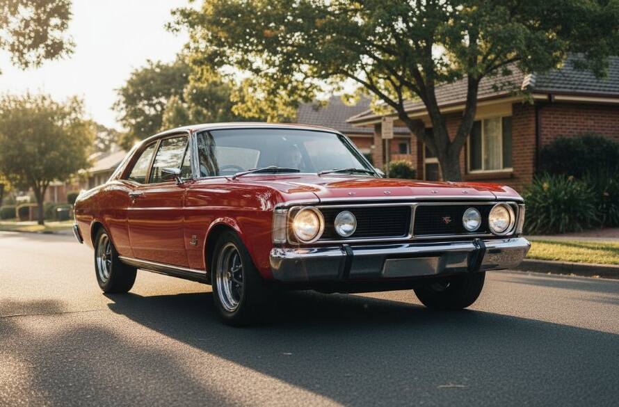 Dramatic low-angle shot of a meticulously restored vintage muscle car gleaming under the late afternoon sun on a tree-lined street in Heathmont, Victoria, showcasing Heathmont Classic Car Photography Melbourne Expertise with lens flare and rich, deep colours.
