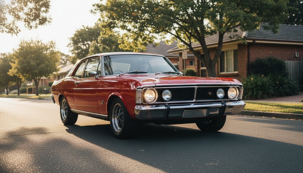 Dramatic low-angle shot of a meticulously restored vintage muscle car gleaming under the late afternoon sun on a tree-lined street in Heathmont, Victoria, showcasing Heathmont Classic Car Photography Melbourne Expertise with lens flare and rich, deep colours.