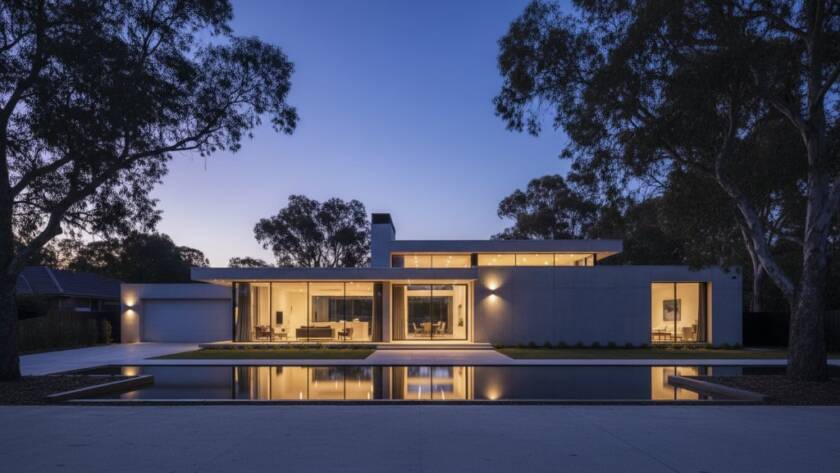 A stunning, wide-angle, cinematic photograph of a contemporary home in Heathmont, Victoria, showcasing modern architecture with dramatic evening light, used for Heathmont Contemporary Home Architecture Photography Melbourne services.