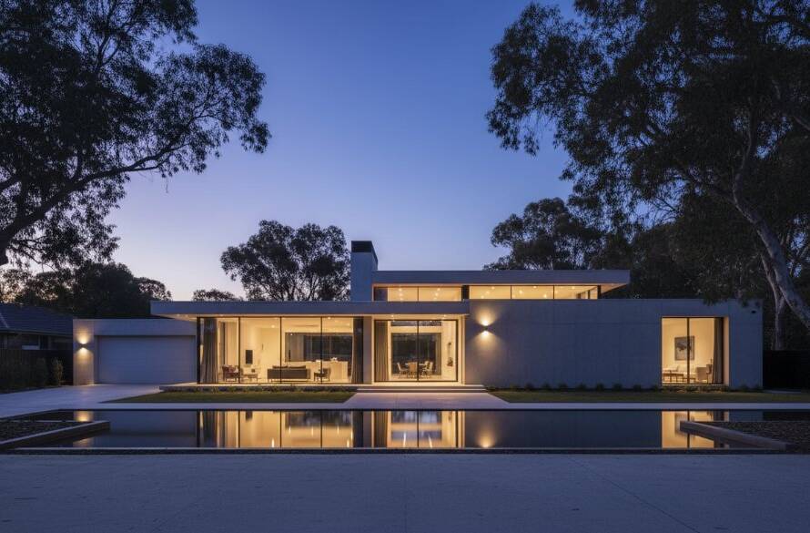 A stunning, wide-angle, cinematic photograph of a contemporary home in Heathmont, Victoria, showcasing modern architecture with dramatic evening light, used for Heathmont Contemporary Home Architecture Photography Melbourne services.