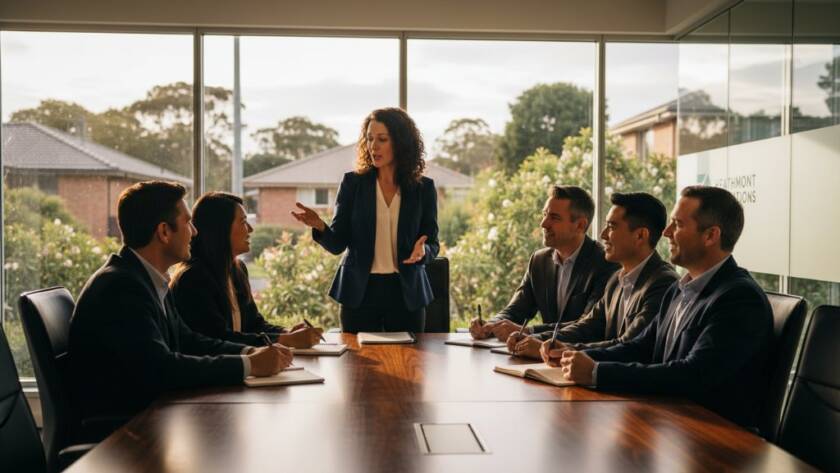 Dramatic, cinematic photograph showcasing the impact of Heathmont Corporate Photography Elevate Your Brand, featuring a diverse team collaborating professionally with Heathmont's leafy, suburban backdrop blurred in the background, bathed in golden hour light.