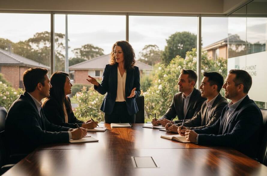 Dramatic, cinematic photograph showcasing the impact of Heathmont Corporate Photography Elevate Your Brand, featuring a diverse team collaborating professionally with Heathmont's leafy, suburban backdrop blurred in the background, bathed in golden hour light.