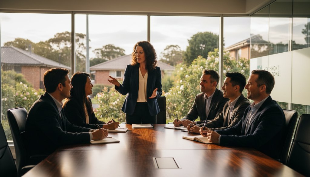 Dramatic, cinematic photograph showcasing the impact of Heathmont Corporate Photography Elevate Your Brand, featuring a diverse team collaborating professionally with Heathmont's leafy, suburban backdrop blurred in the background, bathed in golden hour light.