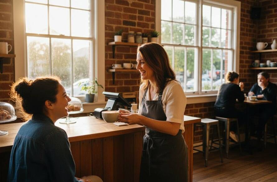 An inspiring wide shot capturing authentic Heathmont Editorial Photography Storytelling at a vibrant local market, showcasing a small business owner passionately interacting with a customer, bathed in golden hour light, for an epic moment.