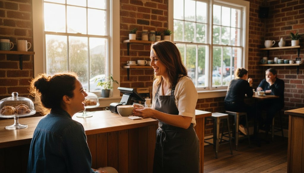 An inspiring wide shot capturing authentic Heathmont Editorial Photography Storytelling at a vibrant local market, showcasing a small business owner passionately interacting with a customer, bathed in golden hour light, for an epic moment.