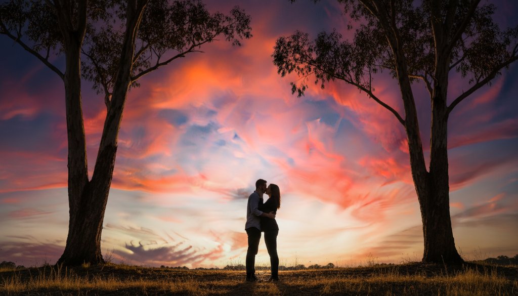 A newly engaged couple sharing a passionate kiss at sunset, silhouetted against the vibrant orange sky over Heathmont engagement photography picturesque locations, with tall eucalyptus trees framing the dramatic scene.