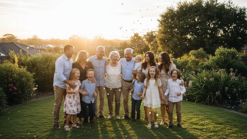 An epic wide-angle shot of a joyous multi-generational family celebrating a milestone birthday at a Heathmont community hall, with balloons and confetti, beautifully captured by Heathmont event photography authentic moments.