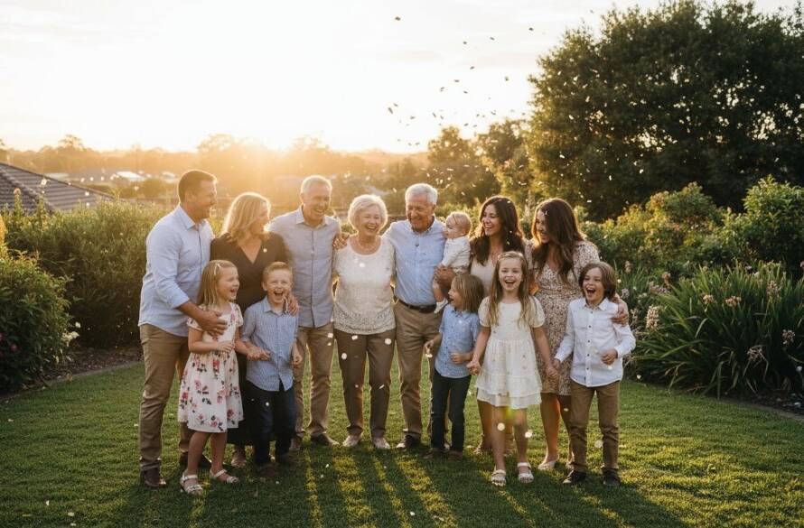 An epic wide-angle shot of a joyous multi-generational family celebrating a milestone birthday at a Heathmont community hall, with balloons and confetti, beautifully captured by Heathmont event photography authentic moments.