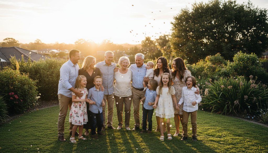 An epic wide-angle shot of a joyous multi-generational family celebrating a milestone birthday at a Heathmont community hall, with balloons and confetti, beautifully captured by Heathmont event photography authentic moments.
