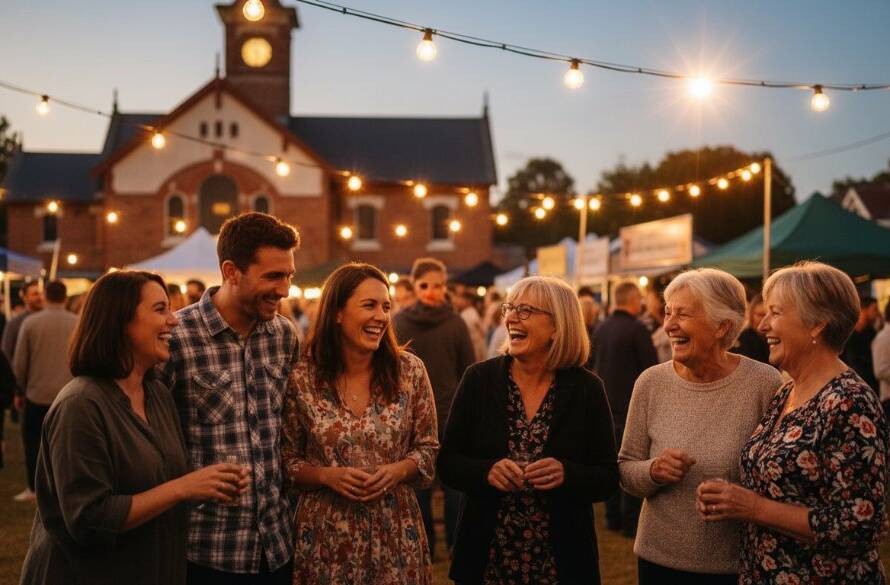 A candid, 'epic moment' photograph showcasing Heathmont event photography natural moments, with a group of diverse people laughing genuinely under warm evening light at a local festival in Heathmont, Victoria, capturing the authentic joy and vibrant community spirit.