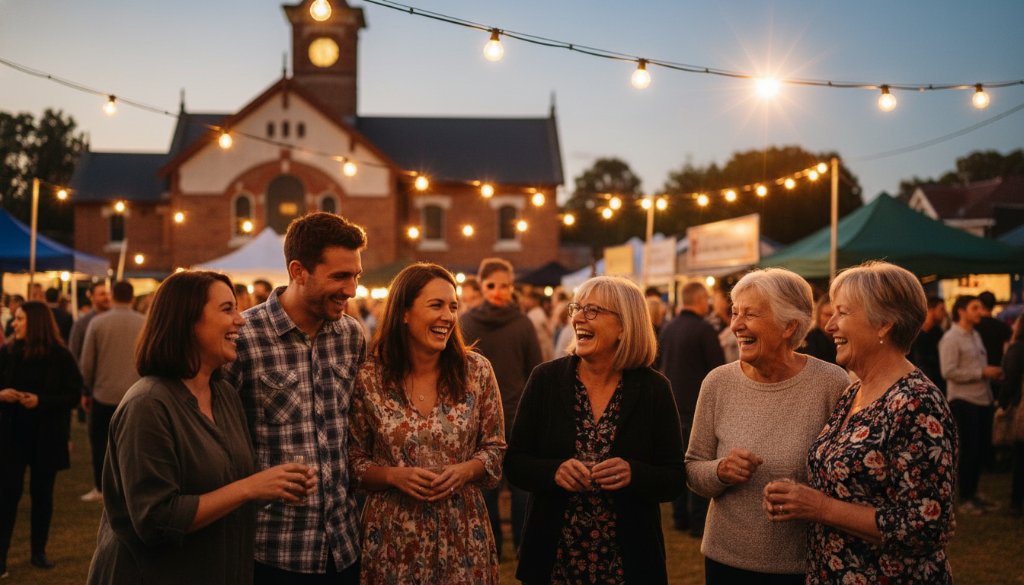 A candid, 'epic moment' photograph showcasing Heathmont event photography natural moments, with a group of diverse people laughing genuinely under warm evening light at a local festival in Heathmont, Victoria, capturing the authentic joy and vibrant community spirit.