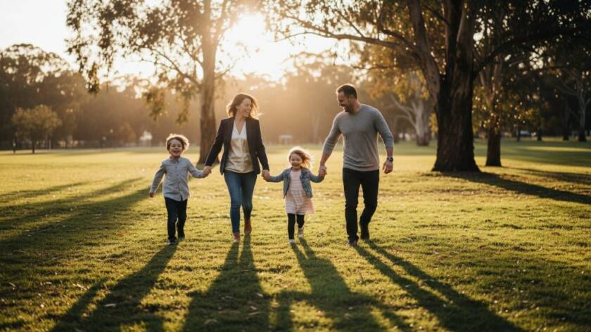 A vibrant Heathmont family photography capturing genuine joy with parents laughing as their children play amongst the golden afternoon light at Wombolano Park, professionally colour graded.