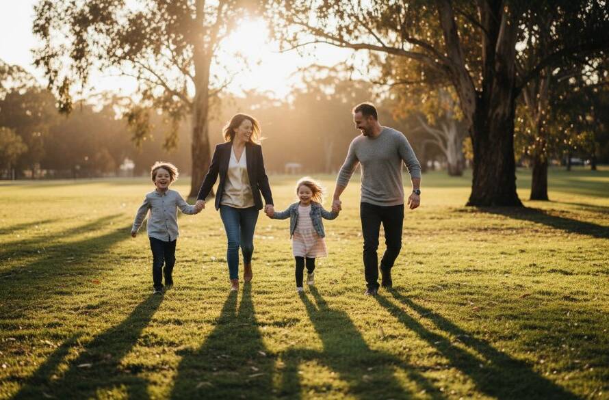 A vibrant Heathmont family photography capturing genuine joy with parents laughing as their children play amongst the golden afternoon light at Wombolano Park, professionally colour graded.