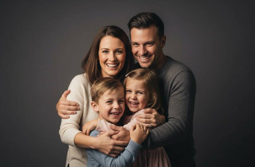 A heartwarming, professionally lit studio photograph of a Heathmont family laughing together, capturing authentic moments of joy and connection, with soft backlighting creating a cinematic feel.