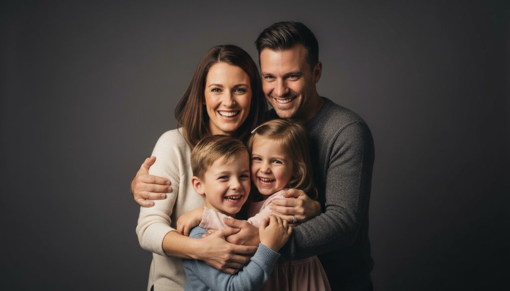 A heartwarming, professionally lit studio photograph of a Heathmont family laughing together, capturing authentic moments of joy and connection, with soft backlighting creating a cinematic feel.
