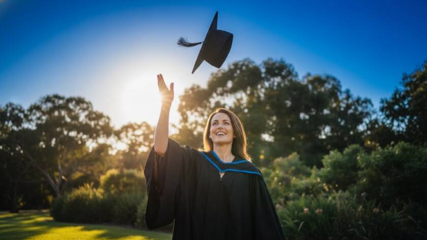 An epic moment captured in Heathmont graduation photography capturing genuine joy and achievement, showing a graduate in academic regalia tossing their cap triumphantly against a backdrop of a beautiful, sun-drenched Heathmont park, with dramatic lens flare and a shallow depth of field, conveying immense pride and relief.