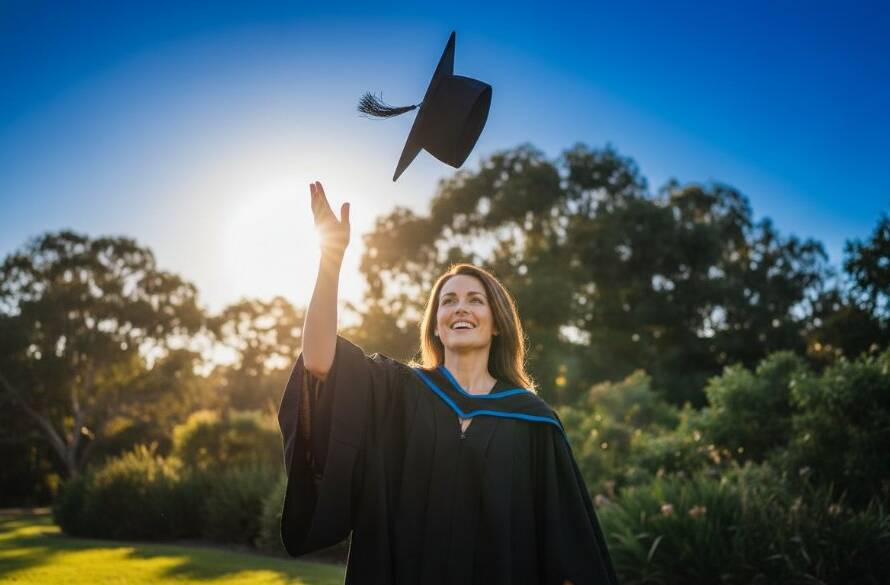 An epic moment captured in Heathmont graduation photography capturing genuine joy and achievement, showing a graduate in academic regalia tossing their cap triumphantly against a backdrop of a beautiful, sun-drenched Heathmont park, with dramatic lens flare and a shallow depth of field, conveying immense pride and relief.