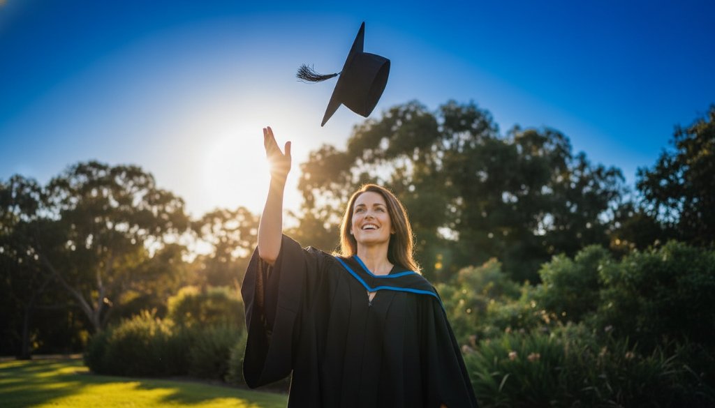 An epic moment captured in Heathmont graduation photography capturing genuine joy and achievement, showing a graduate in academic regalia tossing their cap triumphantly against a backdrop of a beautiful, sun-drenched Heathmont park, with dramatic lens flare and a shallow depth of field, conveying immense pride and relief.