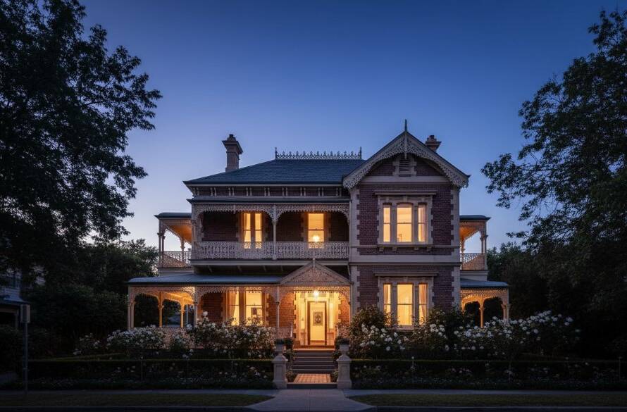 A breathtaking, dramatic wide-angle shot of a meticulously restored Heathmont heritage home at twilight, showcasing intricate Victorian architecture under a dramatic sky with golden and blue hour hues. This 'Heathmont heritage home architecture photography' captures the timeless elegance and grand presence of the property, with professional lighting accentuating its unique details and a serene, inviting atmosphere.