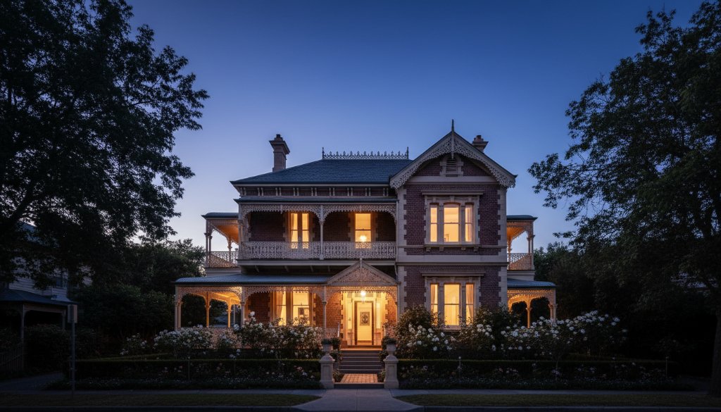 A breathtaking, dramatic wide-angle shot of a meticulously restored Heathmont heritage home at twilight, showcasing intricate Victorian architecture under a dramatic sky with golden and blue hour hues. This 'Heathmont heritage home architecture photography' captures the timeless elegance and grand presence of the property, with professional lighting accentuating its unique details and a serene, inviting atmosphere.