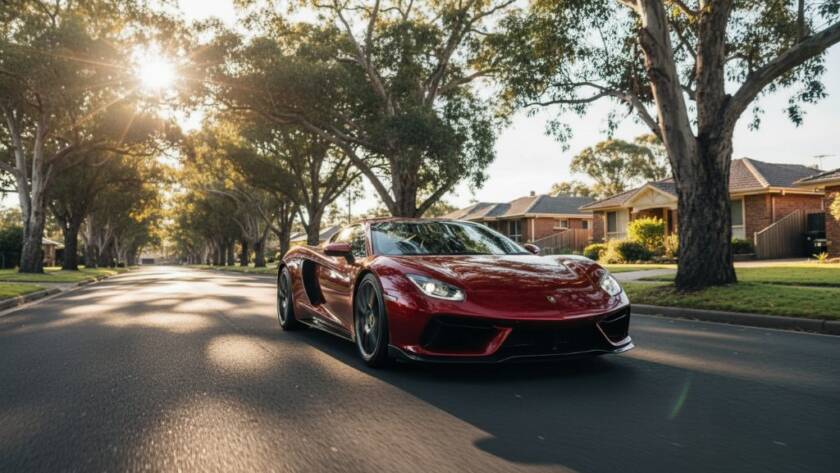 Dramatic low-angle shot of a sleek, red high-performance sports car speeding through a leafy Heathmont street at sunset, showcasing expert Heathmont high-performance car photography Melbourne with dynamic lighting.
