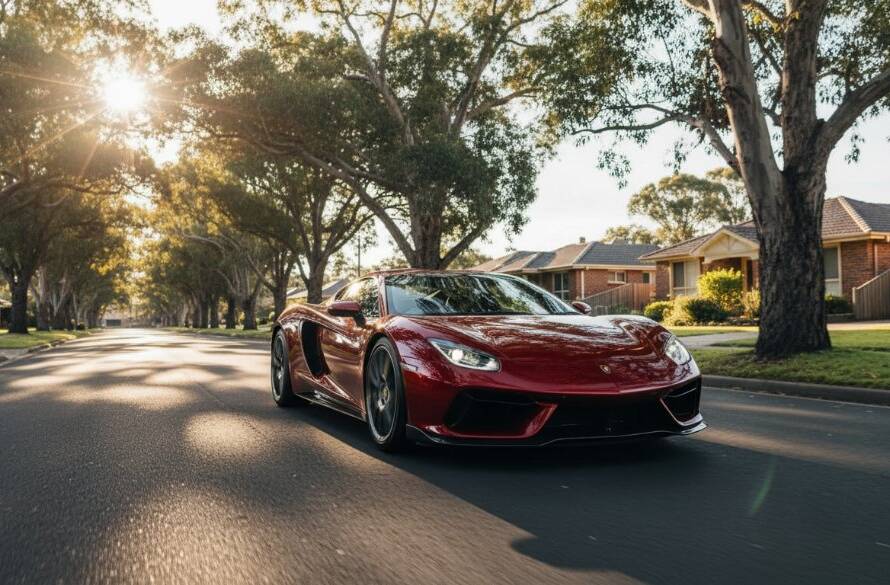 Dramatic low-angle shot of a sleek, red high-performance sports car speeding through a leafy Heathmont street at sunset, showcasing expert Heathmont high-performance car photography Melbourne with dynamic lighting.