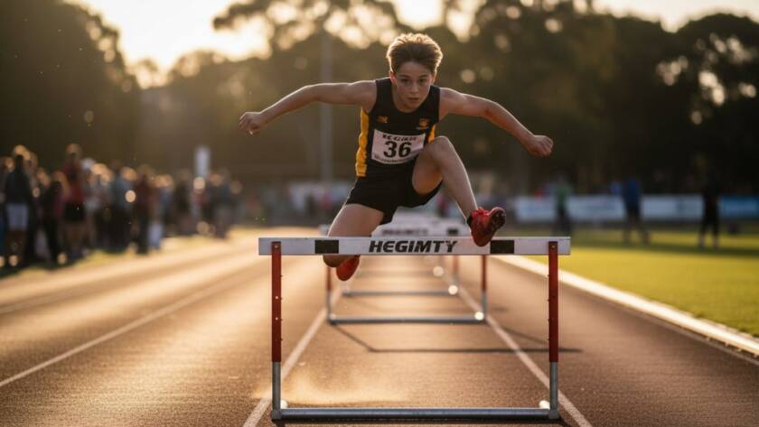 An epic moment captured by a Heathmont junior athletics photographer capturing peak performance, showing a young athlete mid-jump over a hurdle with intense focus under dramatic golden hour lighting.
