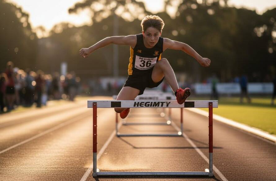 An epic moment captured by a Heathmont junior athletics photographer capturing peak performance, showing a young athlete mid-jump over a hurdle with intense focus under dramatic golden hour lighting.