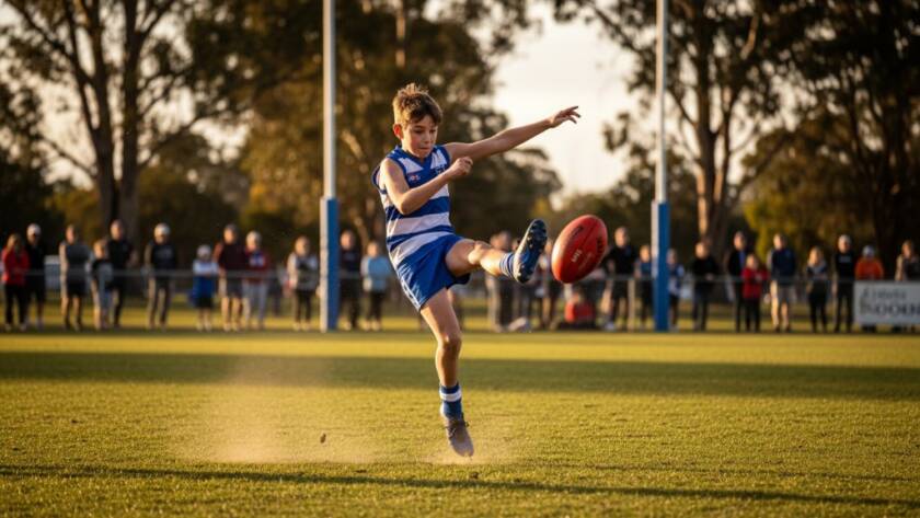 Dynamic wide-angle shot capturing a young junior football player in Heathmont mid-air, kicking for goal under dramatic stadium lights, showcasing the thrilling Heathmont junior football action photography moment with a blurred crowd in the background, professional grade.