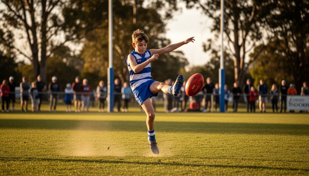Dynamic wide-angle shot capturing a young junior football player in Heathmont mid-air, kicking for goal under dramatic stadium lights, showcasing the thrilling Heathmont junior football action photography moment with a blurred crowd in the background, professional grade.