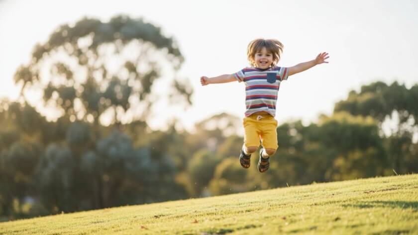 An epic moment captured during Heathmont kids photography joyful outdoor portraits, featuring a child laughing joyfully mid-jump in a sun-dappled Heathmont park, with golden hour light creating a magical glow around them.