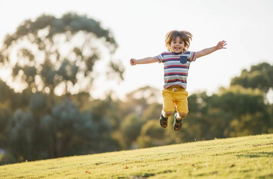 An epic moment captured during Heathmont kids photography joyful outdoor portraits, featuring a child laughing joyfully mid-jump in a sun-dappled Heathmont park, with golden hour light creating a magical glow around them.