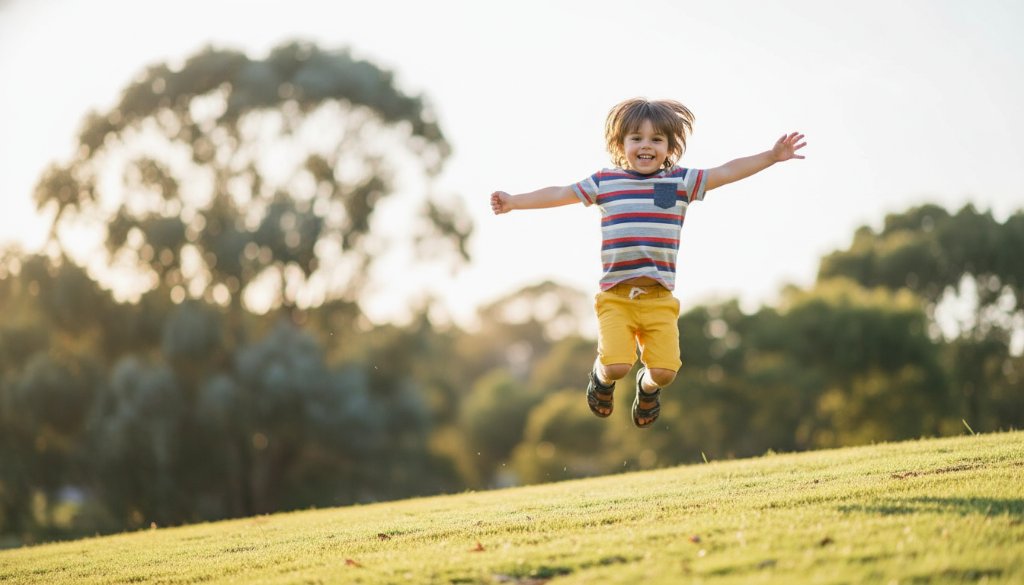 An epic moment captured during Heathmont kids photography joyful outdoor portraits, featuring a child laughing joyfully mid-jump in a sun-dappled Heathmont park, with golden hour light creating a magical glow around them.