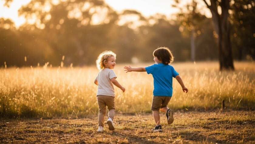 Heathmont kids photography natural smiles Victoria: A dramatic, professionally colour-graded photograph of two children laughing joyfully amidst the golden light of a Heathmont park at sunset, capturing an authentic, epic moment of childhood wonder.