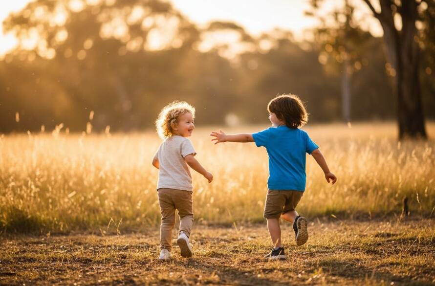 Heathmont kids photography natural smiles Victoria: A dramatic, professionally colour-graded photograph of two children laughing joyfully amidst the golden light of a Heathmont park at sunset, capturing an authentic, epic moment of childhood wonder.