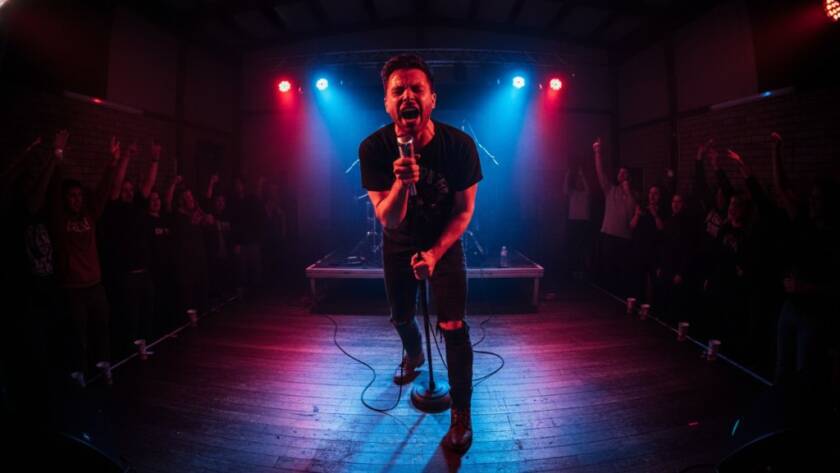 A wide-angle, low-angle shot of a lead guitarist in Heathmont live music photography vibrant energy, mid-solo under dramatic stage lighting with a blurred, cheering crowd in the background, capturing an epic, high-energy concert moment.