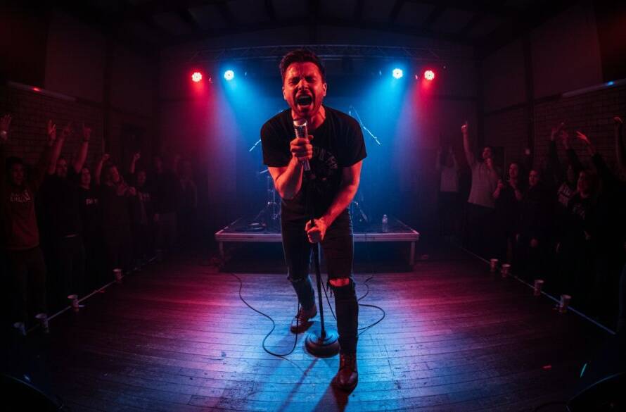 A wide-angle, low-angle shot of a lead guitarist in Heathmont live music photography vibrant energy, mid-solo under dramatic stage lighting with a blurred, cheering crowd in the background, capturing an epic, high-energy concert moment.