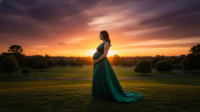 An expectant mother, beautifully silhouetted against a vibrant golden Heathmont sunset, gently cradles her baby bump in a flowing, elegant gown, capturing an epic and emotionally resonant maternity photography outdoor session moment.