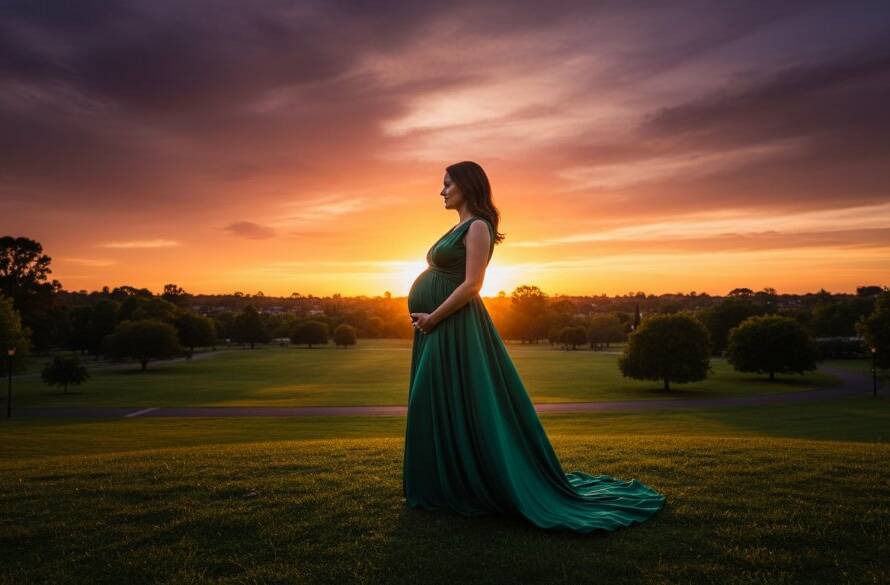An expectant mother, beautifully silhouetted against a vibrant golden Heathmont sunset, gently cradles her baby bump in a flowing, elegant gown, capturing an epic and emotionally resonant maternity photography outdoor session moment.