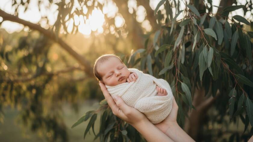 Heathmont newborn photography authentic family heirloom portraits: A tender, close-up, epic moment photograph of a peaceful newborn baby, wrapped in soft organic fabric, gently held in a parent's loving hands against a dreamy, sun-drenched Heathmont garden backdrop, capturing timeless warmth and serenity.