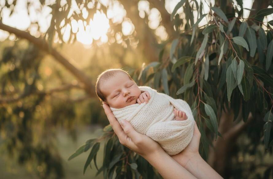 Heathmont newborn photography authentic family heirloom portraits: A tender, close-up, epic moment photograph of a peaceful newborn baby, wrapped in soft organic fabric, gently held in a parent's loving hands against a dreamy, sun-drenched Heathmont garden backdrop, capturing timeless warmth and serenity.
