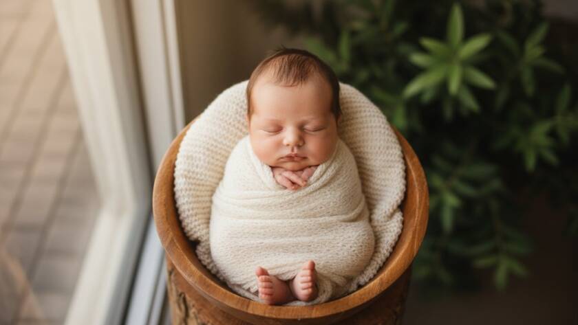 A breathtaking, professional studio portrait of a newborn baby, peacefully swaddled, gently held by parents' hands against a soft, warm backdrop, bathed in dramatic, soft natural light, highlighting the delicate features, in the style of 'Heathmont newborn photography treasured memories' hero shot.