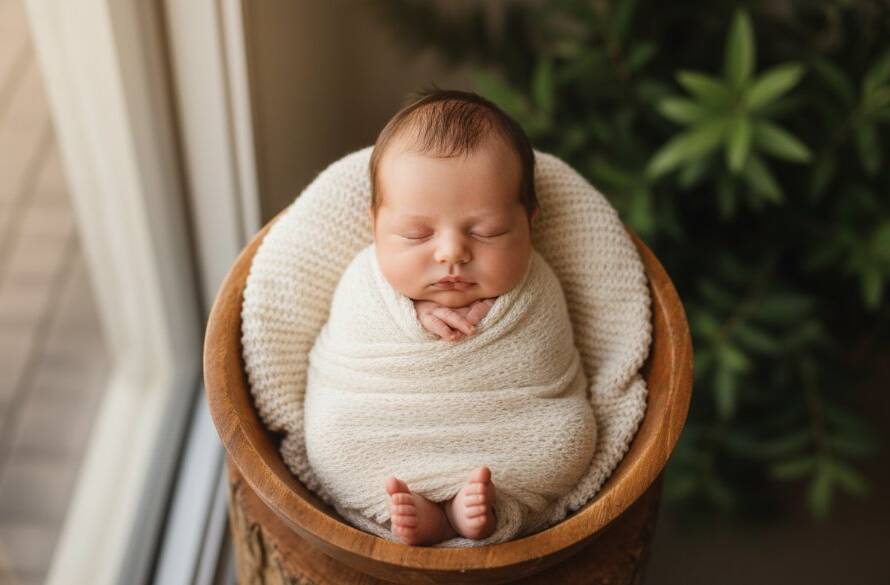 A breathtaking, professional studio portrait of a newborn baby, peacefully swaddled, gently held by parents' hands against a soft, warm backdrop, bathed in dramatic, soft natural light, highlighting the delicate features, in the style of 'Heathmont newborn photography treasured memories' hero shot.