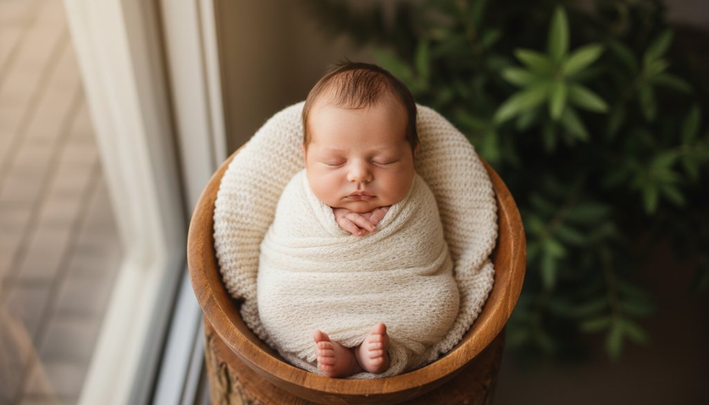 A breathtaking, professional studio portrait of a newborn baby, peacefully swaddled, gently held by parents' hands against a soft, warm backdrop, bathed in dramatic, soft natural light, highlighting the delicate features, in the style of 'Heathmont newborn photography treasured memories' hero shot.