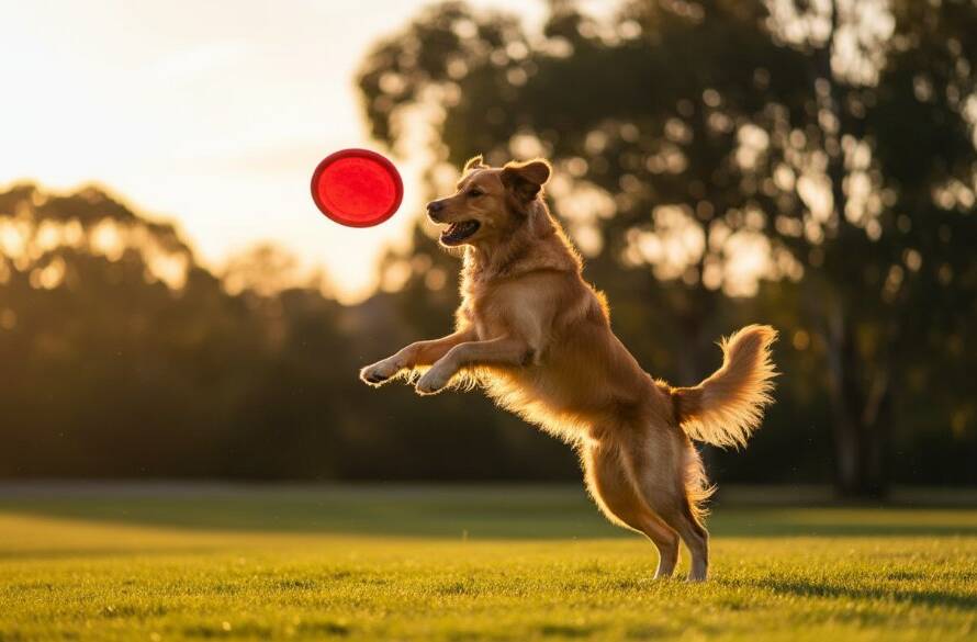 A vibrant, professionally color-graded photograph capturing an epic moment of a golden retriever mid-leap, joyfully chasing a ball in a sun-drenched Heathmont park, showcasing Heathmont pet photography capturing joyful dog park adventures.