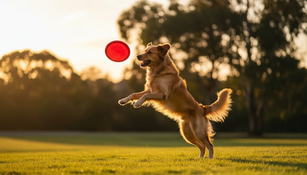 A vibrant, professionally color-graded photograph capturing an epic moment of a golden retriever mid-leap, joyfully chasing a ball in a sun-drenched Heathmont park, showcasing Heathmont pet photography capturing joyful dog park adventures.