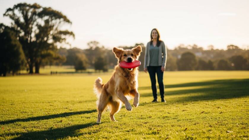 An emotionally resonant, wide-angle professional photograph capturing a golden retriever leaping gracefully mid-air to catch a frisbee in a sun-drenched Heathmont park, with its owner joyfully watching from the background. The scene for Heathmont pet photography capturing joyful family bonds features dramatic golden hour lighting, sharp focus, and vibrant colours.