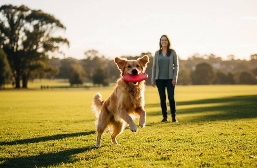 An emotionally resonant, wide-angle professional photograph capturing a golden retriever leaping gracefully mid-air to catch a frisbee in a sun-drenched Heathmont park, with its owner joyfully watching from the background. The scene for Heathmont pet photography capturing joyful family bonds features dramatic golden hour lighting, sharp focus, and vibrant colours.