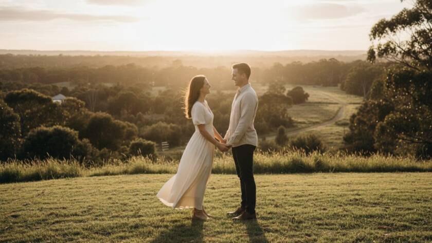 A couple embracing under dramatic sunset lighting in Heathmont, showcasing an epic moment in their pre-wedding photography romantic photoshoot Victoria.