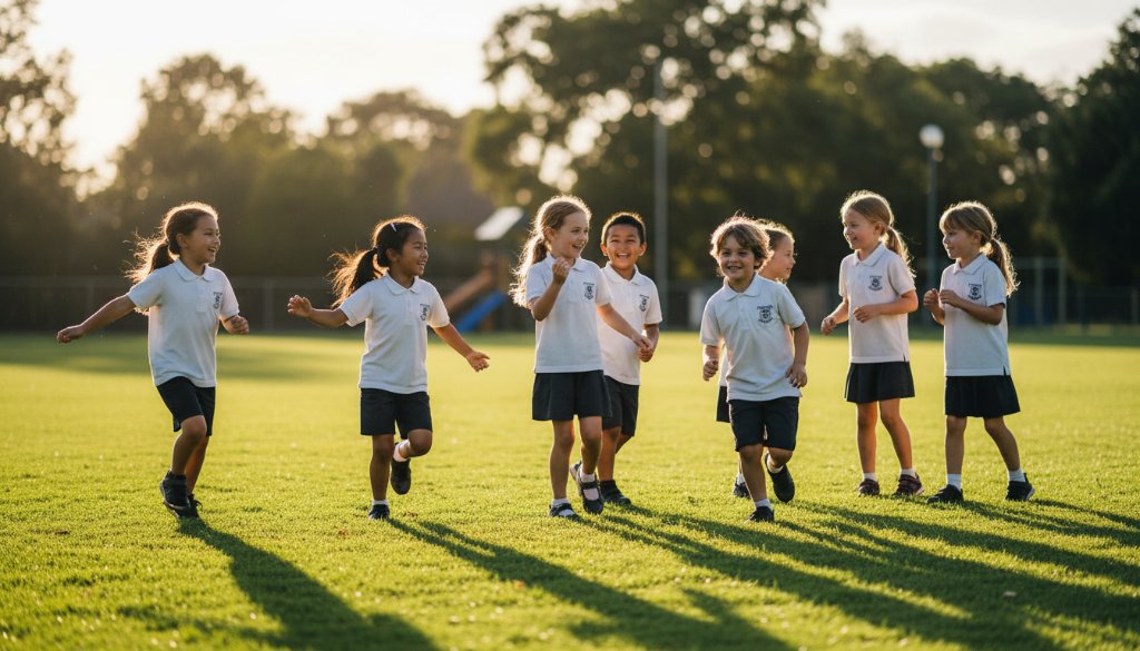 A vibrant, wide-angle shot of primary school children in Heathmont, Victoria, laughing joyfully during an outdoor activity, expertly captured by Heathmont primary school photography capturing authentic student joy, showcasing their genuine enthusiasm under a bright, sunny sky.